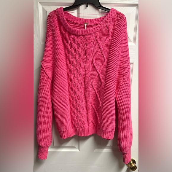 Free People Dream Cable Crewneck Sweater In Hot Pink Size XL - Picture 2 of 5